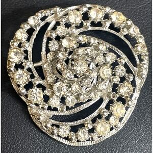 Vintage Rhinestone Large Brooch Pin Silver Tone Swirl Bridal Wedding Jewelry